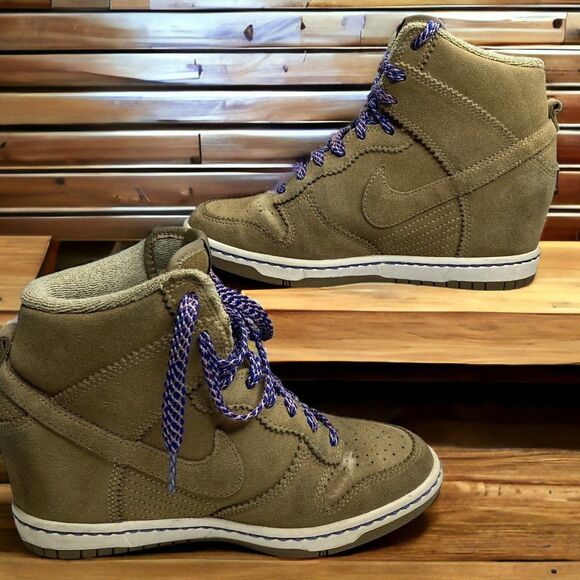Nike Dunk Sky Hi Filbert Green Suede Wedge Shoes  Purple Laces Swoosh 6.5 - Picture 1 of 13
